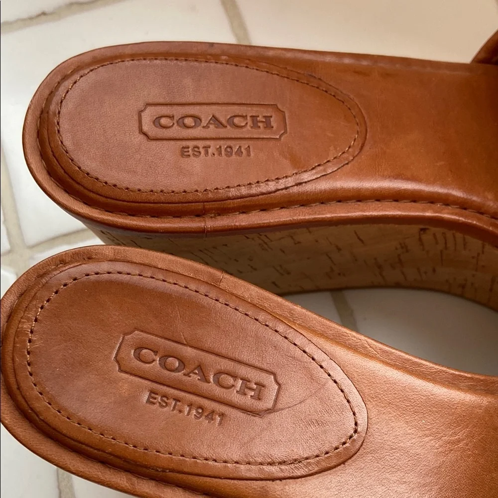 Coach Tan and Cream Slide Wedge Sandals with Rosette Detail - Picture 2 of 6